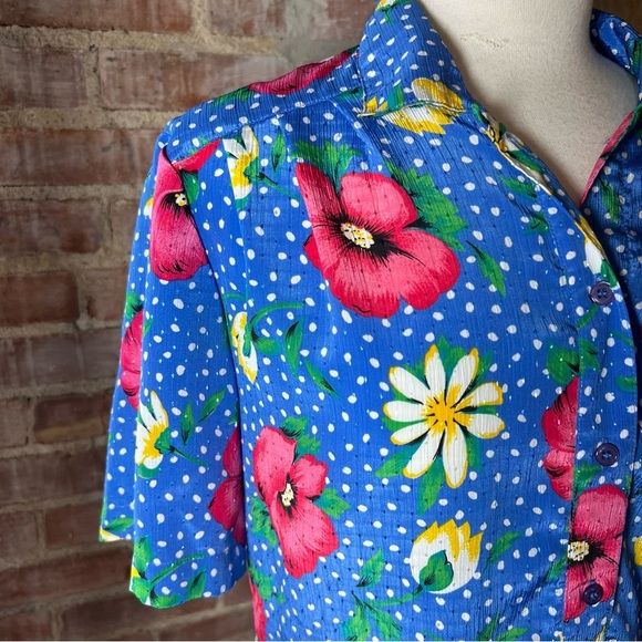 Vintage Floral Polka Dot Blue Hawaiian Shirt -Size M -TP04 - Picture 4 of 9